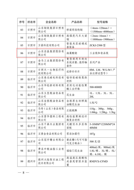 山東潔晶集團海藻酸鈉產品入選2023年“山東制造·齊魯精品”名單